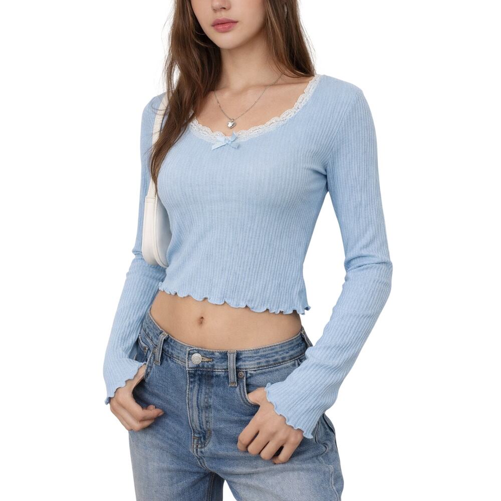 NWT Polly & Esther Blueβ Ribbed Lace Trim Long Sleeve Top Y2K Coquette Size XS